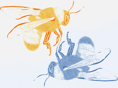 Digitally illustrated bees, orange and blue.